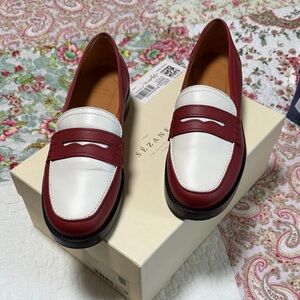 Women's Two-Tone Leather Penny Loafers in Burgundy & White Sezane